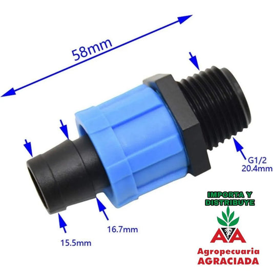 Conector Cinta Manguera De Riego Por Goteo 16mm A Rosca 1/2 Azul Con Negro