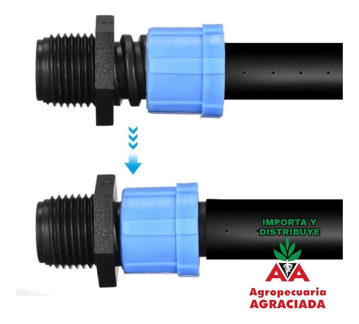 Conector Cinta Manguera De Riego Por Goteo 16mm A Rosca 1/2 Azul Con Negro