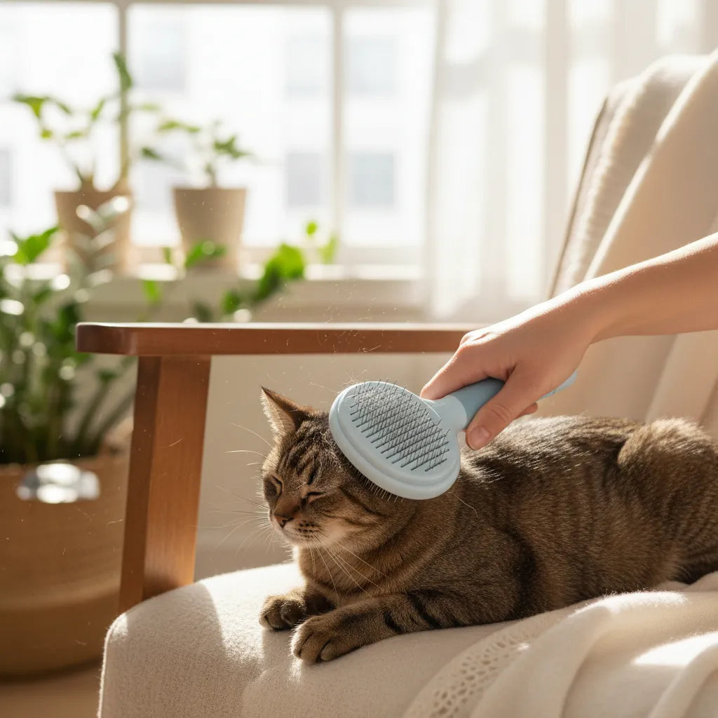 Peine Cepillo De Fácil Limpieza Con Botón Mascota Quita Pelo Azul Petróleo