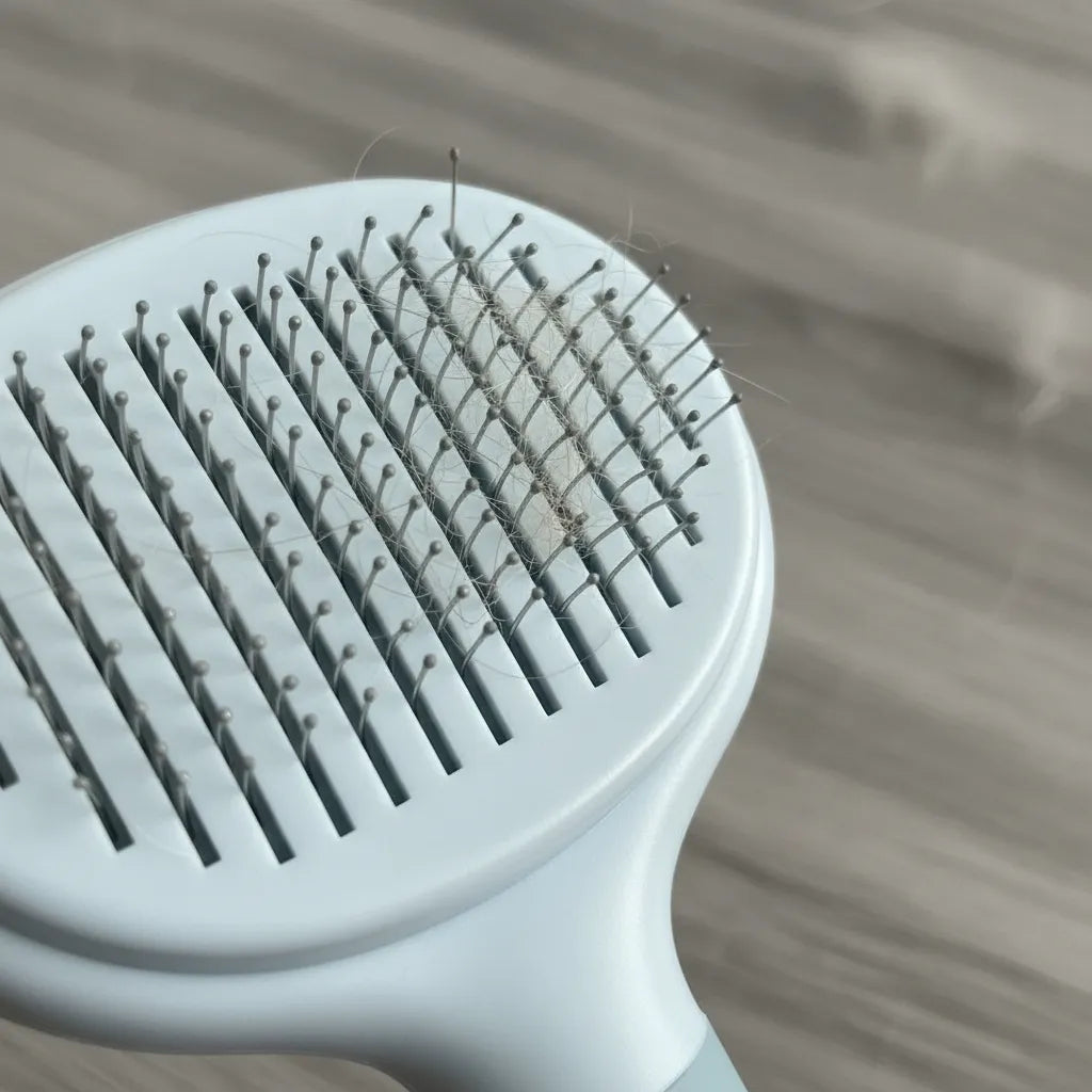 Peine Cepillo De Fácil Limpieza Con Botón Mascota Quita Pelo Azul Petróleo