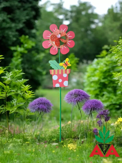 Tutor Decorativo Para Jardín Molinillo Flor Giratoria Grande Rojo